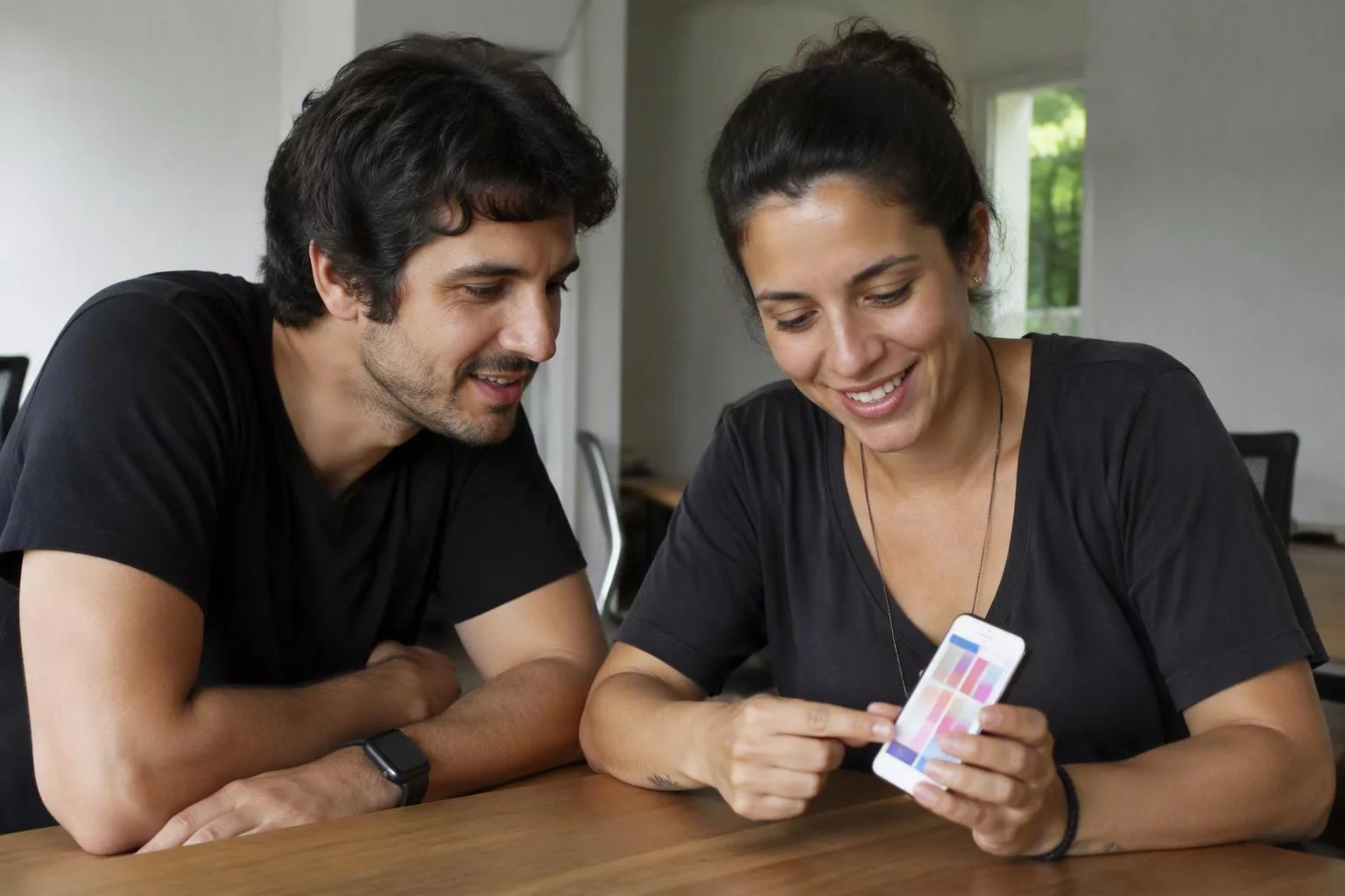 Fundador e desenvolvedora olhando juntos a tela de um aplicativo novo