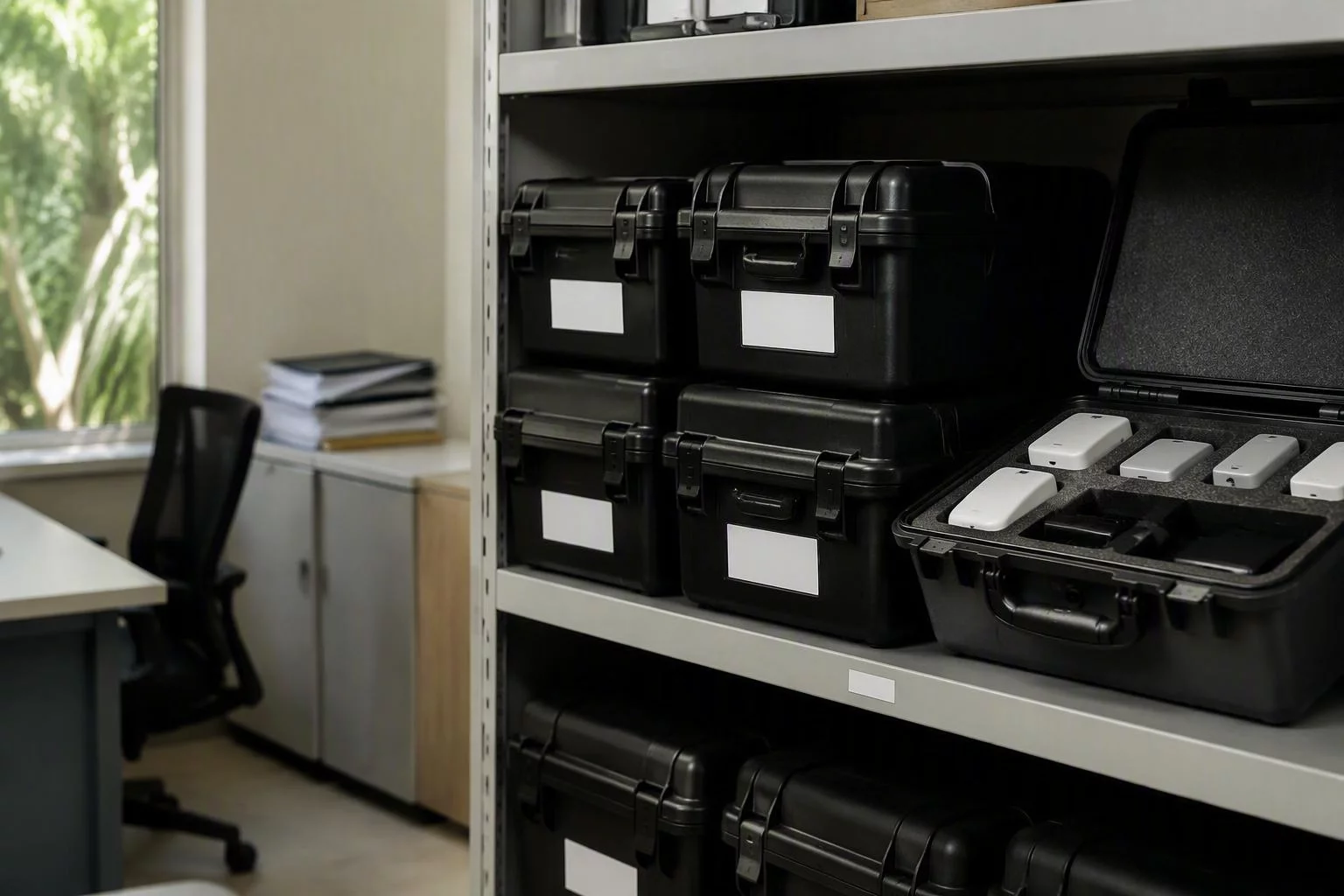 Estante com caixas de aparelhos de teste guardadas por geração
