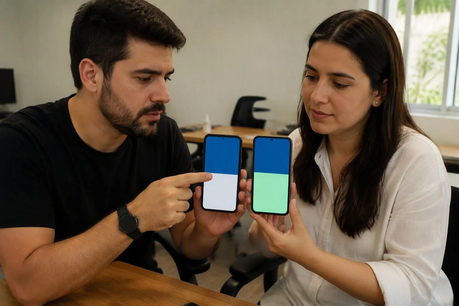 Duas pessoas comparando duas versões da mesma tela em aparelhos diferentes